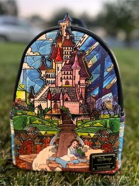 Loungefly Belle Stained-Glass Castle Mini Backpack - Blue, Pink, Green